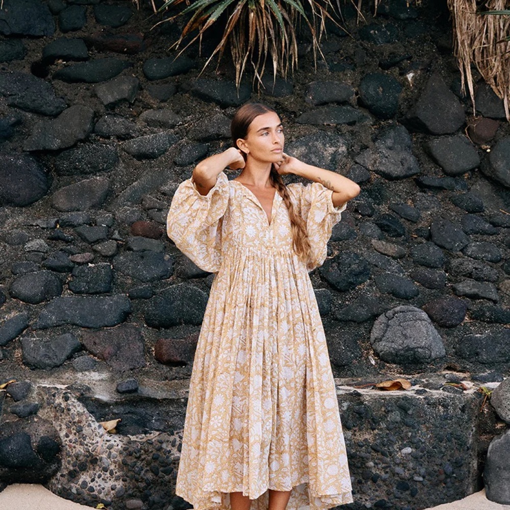Daughters of India Cream and Yellow Floral Maxi Dress with Puff Sleeves